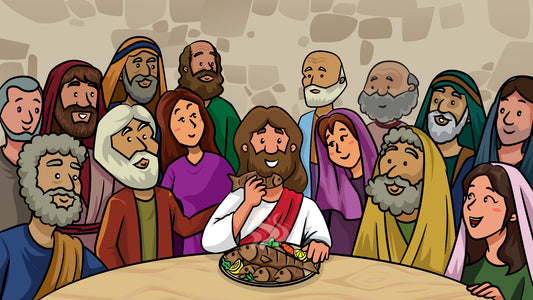 Illustration of Jesus eating fish after rising from the dead—teaching kids the theology term "physical resurrection"