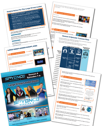 Large group leader guide and Lesson Script included in Spyence kids Bible curriculum
