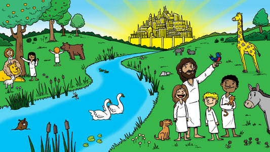 Graphic of Jesus and children enjoying the New Earth, helping kids picture heaven and life-after-death with Jesus