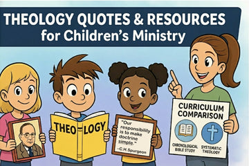 Spyence kids ministry header featuring cartoon kids and a teacher with theology books, quotes, and curriculum comparison visuals.
