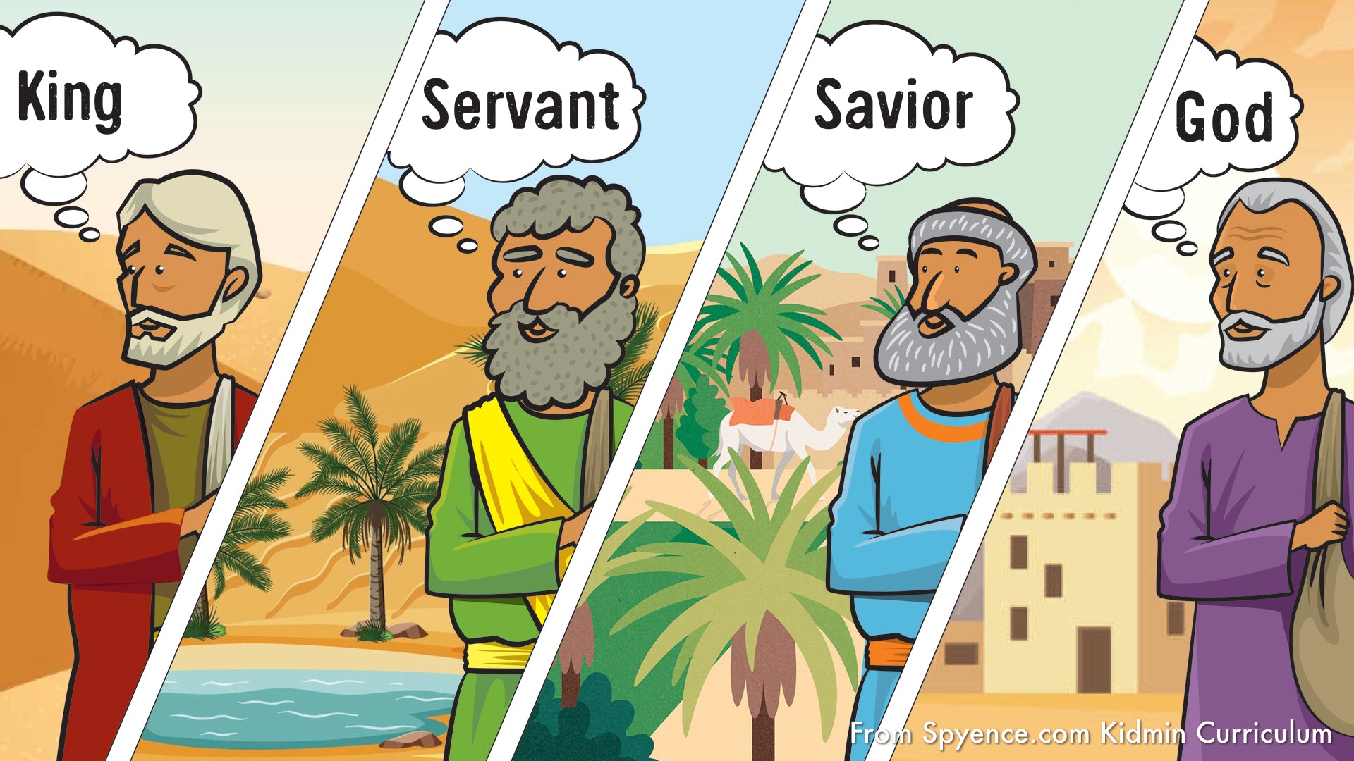 Kids Bible lesson graphic describing Jesus in the four Gospels – King, Servant, Savior, and God.