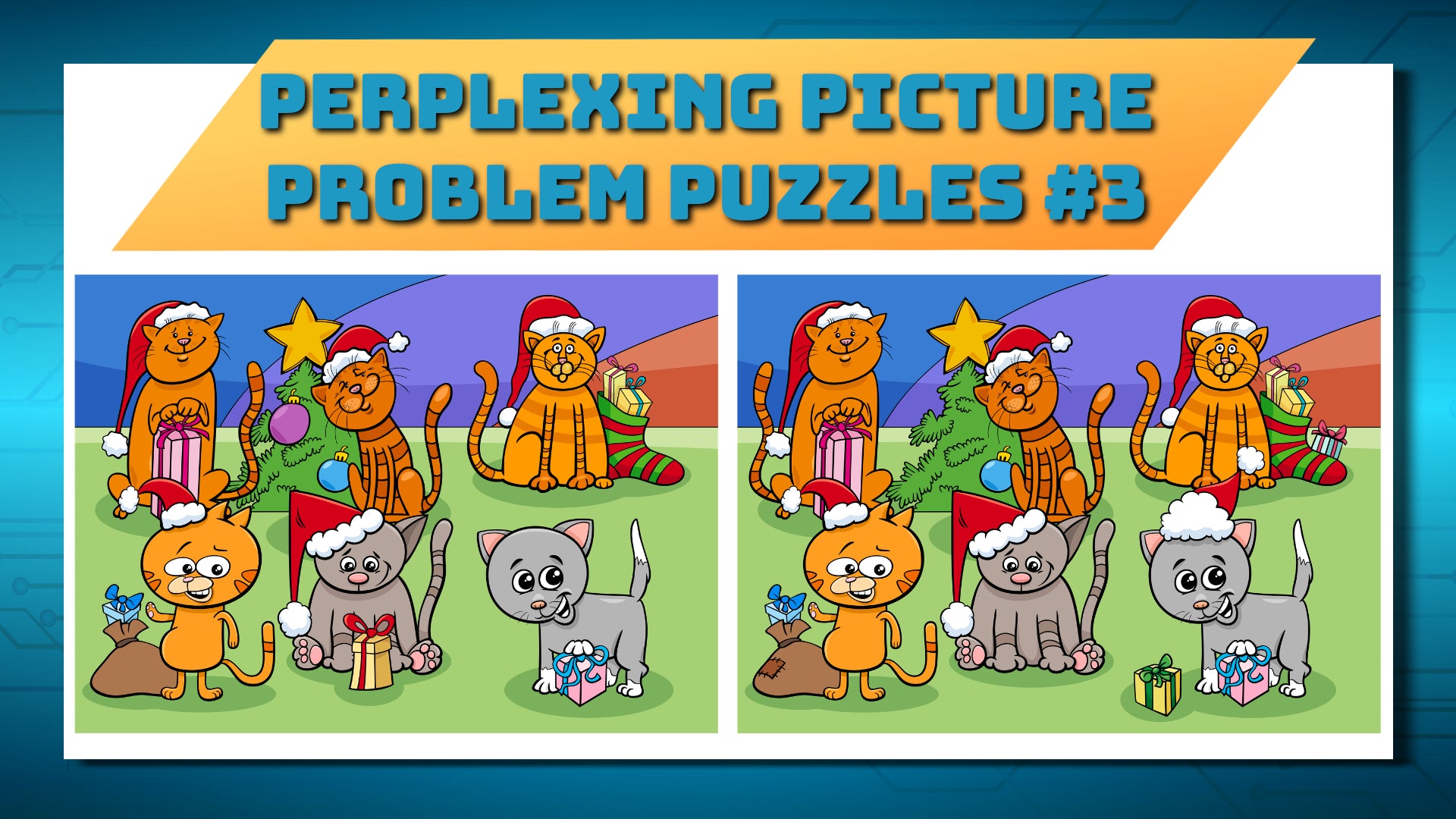 Spot-the-difference Christmas Sunday School puzzle activity with cartoon cats.