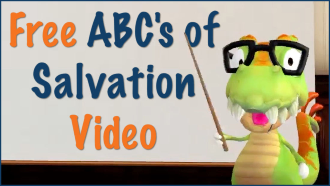 Animated dinosaur Melvin pointing to a whiteboard that says Free ABC’s of Salvation Video for kids