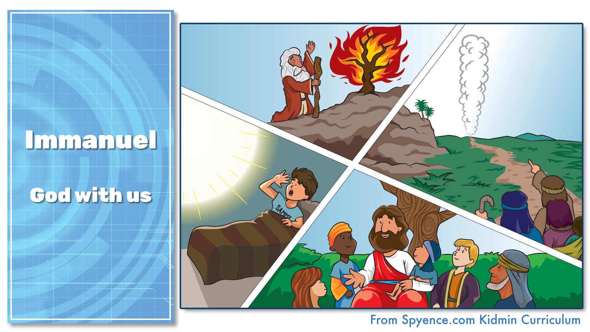 Christmas lesson graphic teaching Immanuel God with Us using Old Testament and New Testament scenes.