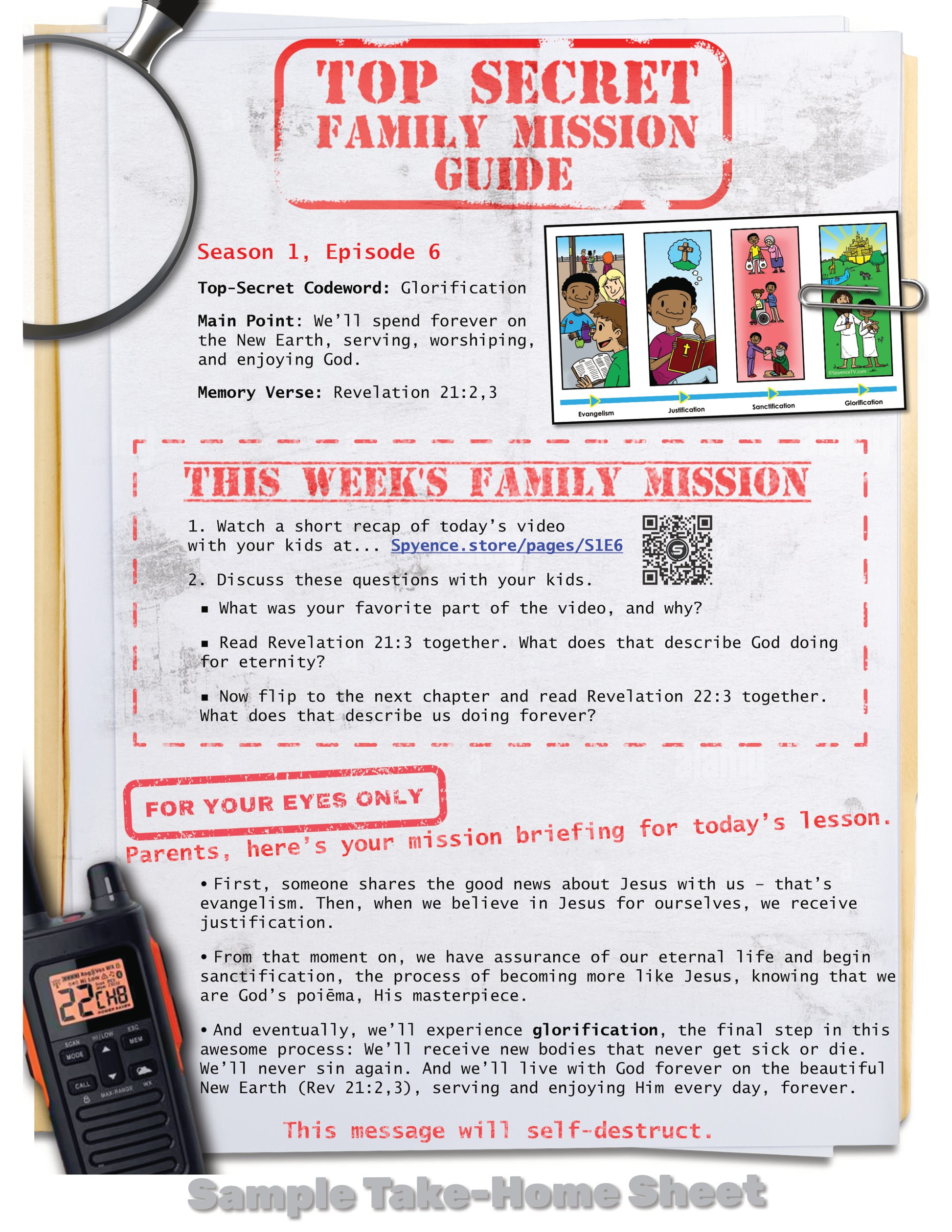 Spyence family mission guide sample reinforcing the week’s lesson on glorification salvation