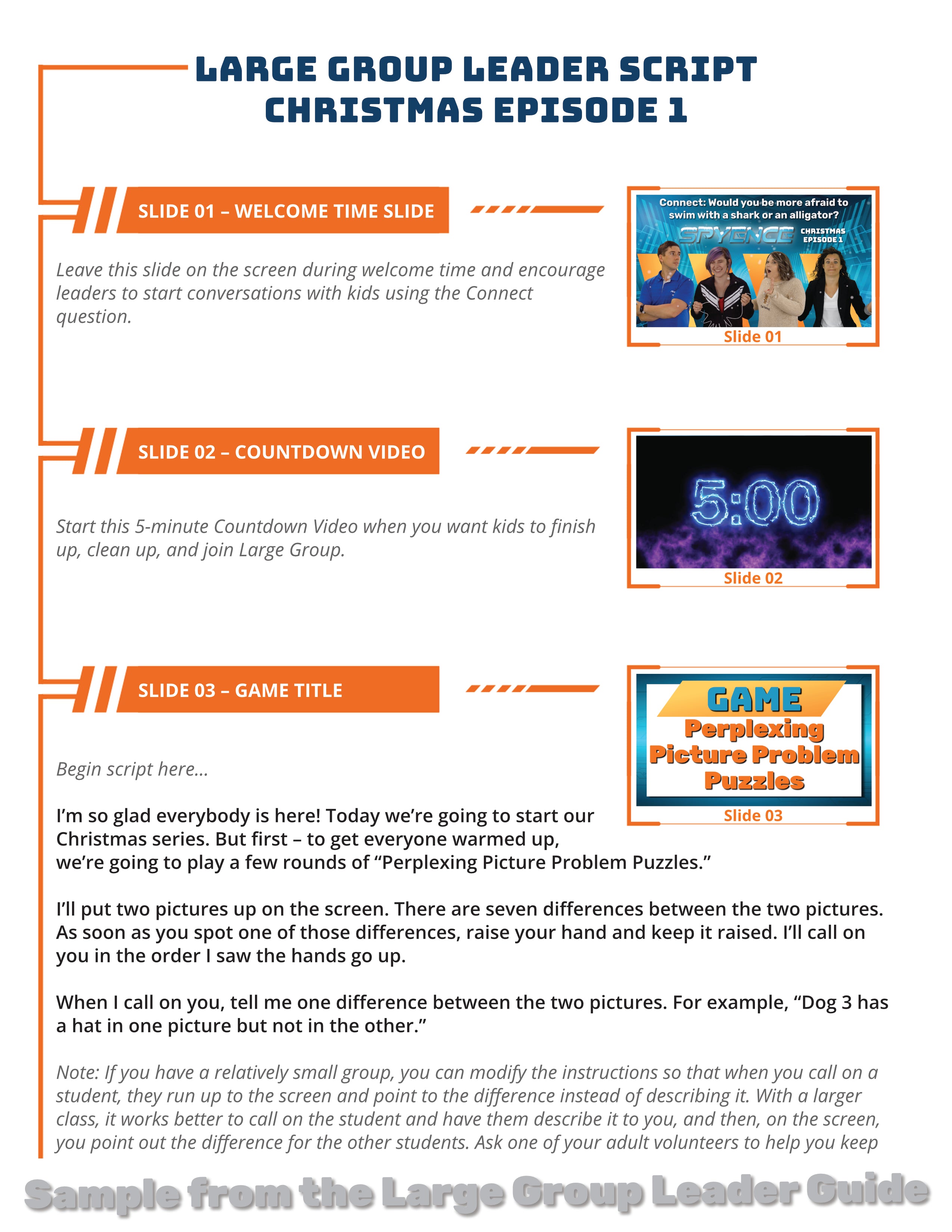 Large group script sample page for teaching the birth of Jesus in a fun, clear way