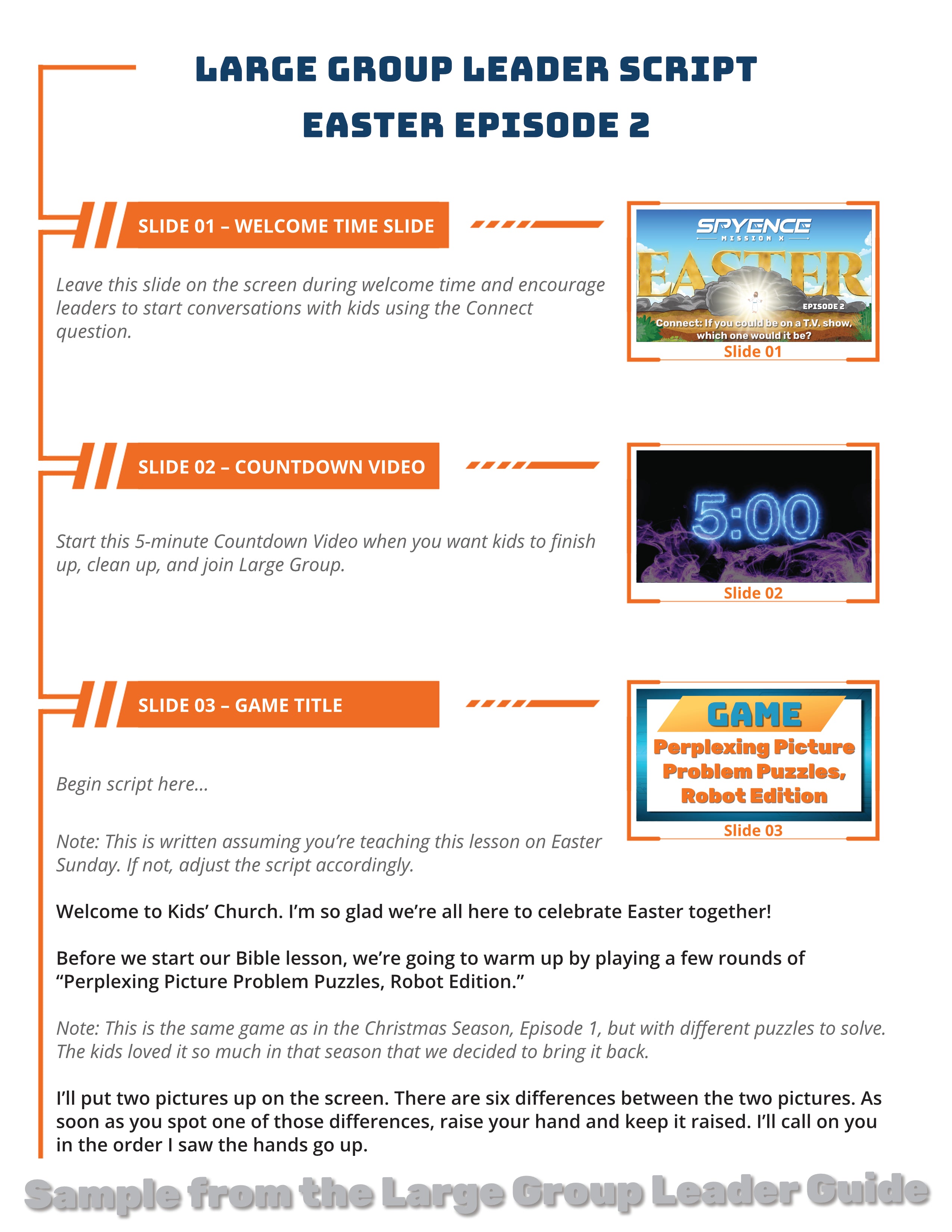 Large group script sample page for lesson explaining the cross and resurrection to kids