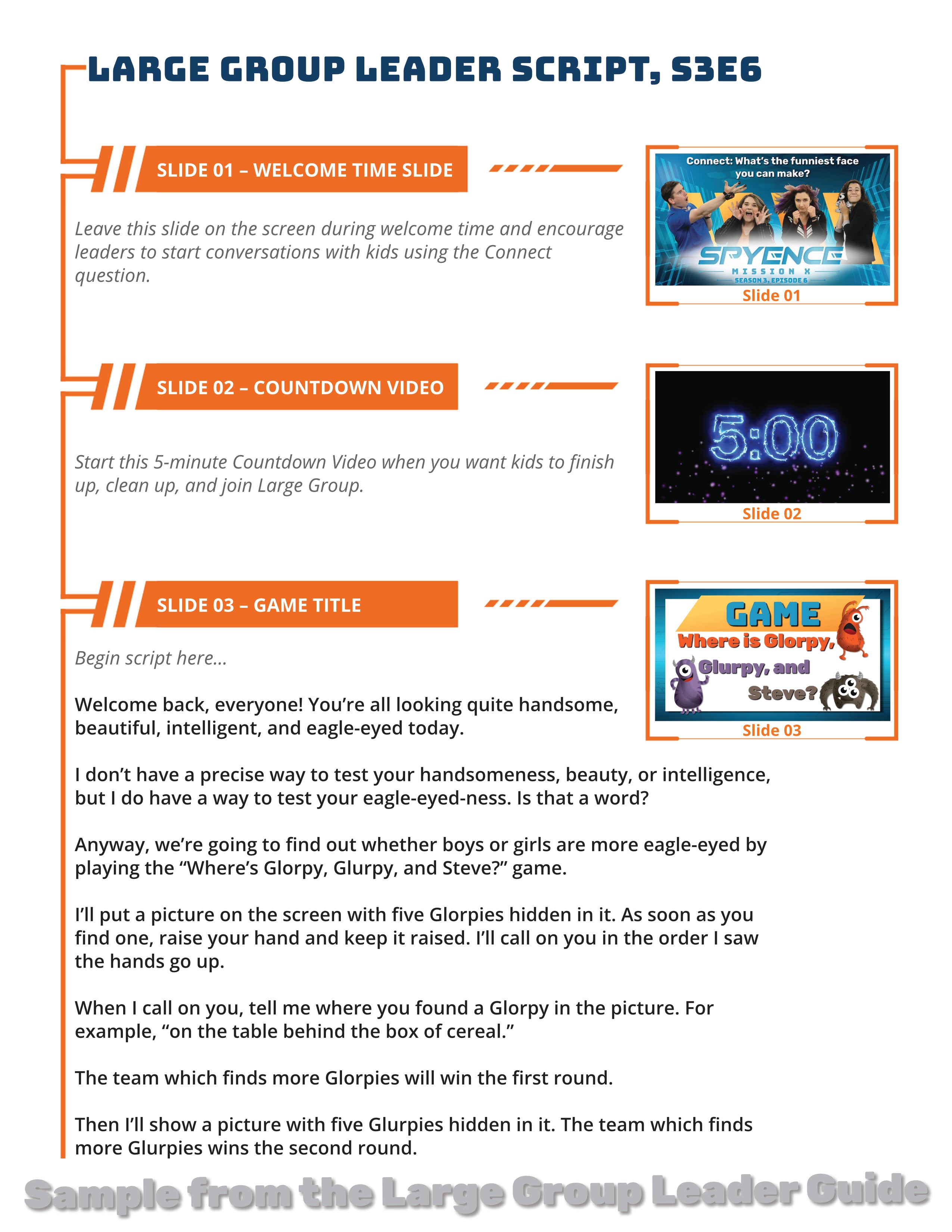 Large group leader script sample page introducing kids to God’s character 