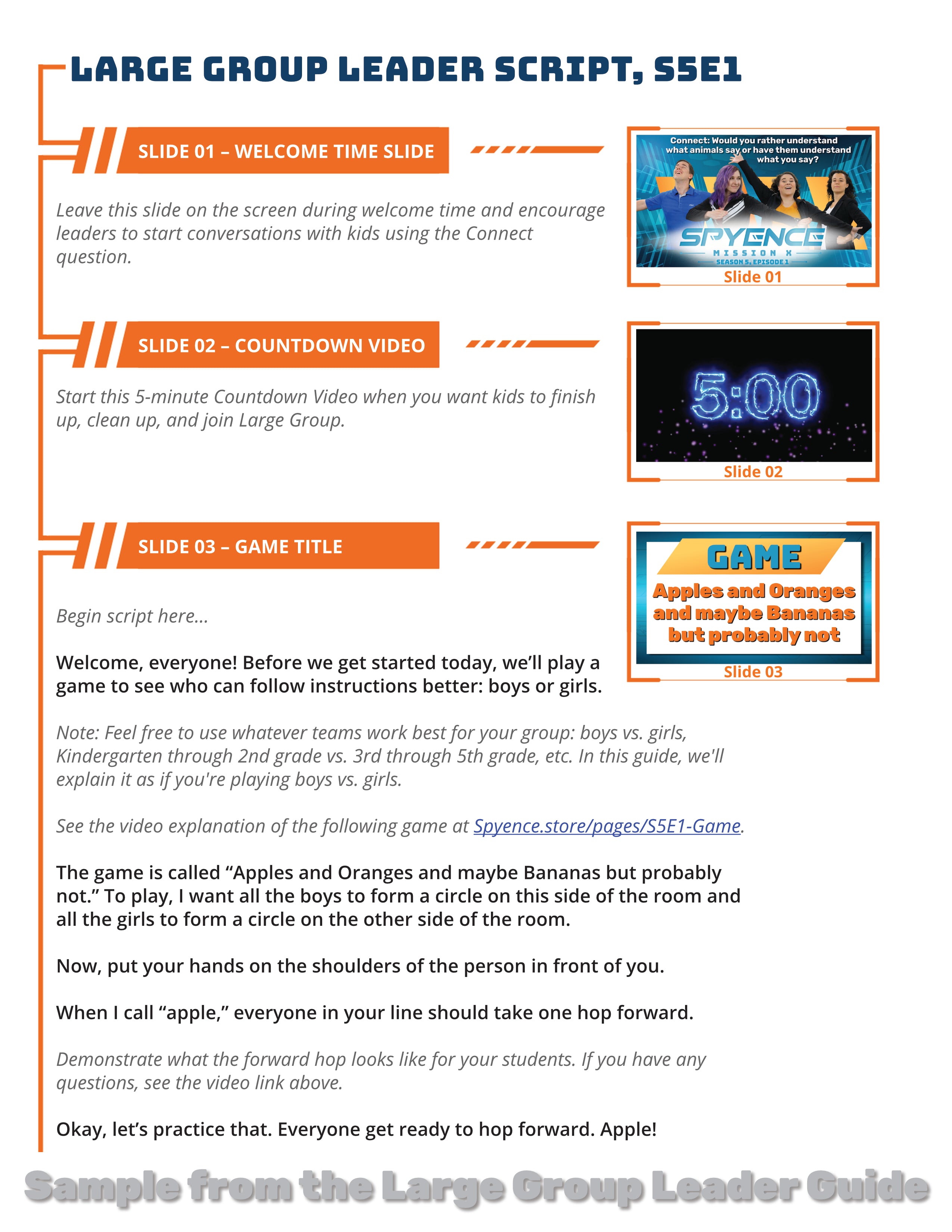 Sample script from Spyence Large Group Leader’s Guide in a lesson teaching kids about Jesus