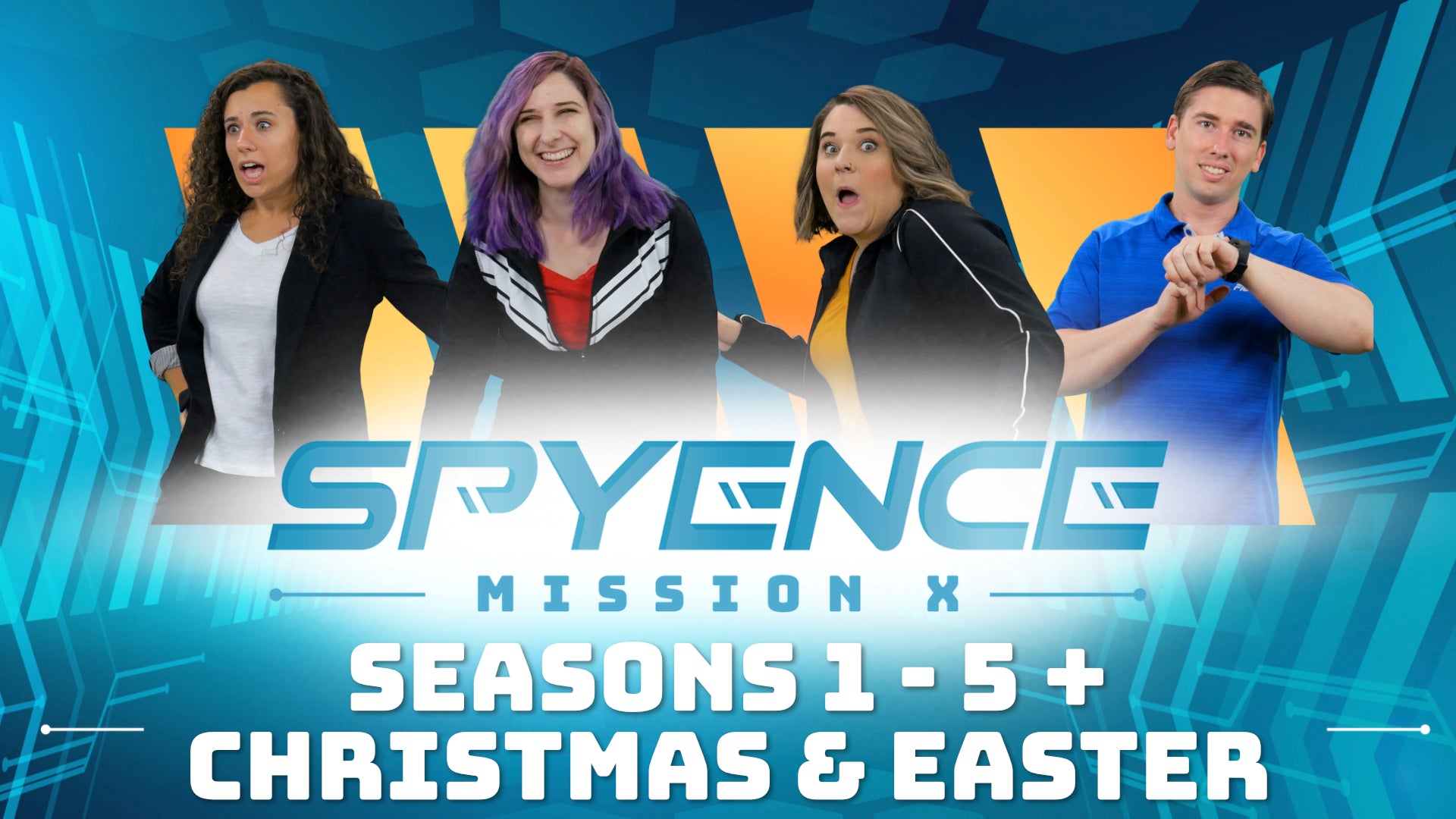 Spyence Season 1-5 (plus holiday lessons) curriculum bundle cover image with cast members