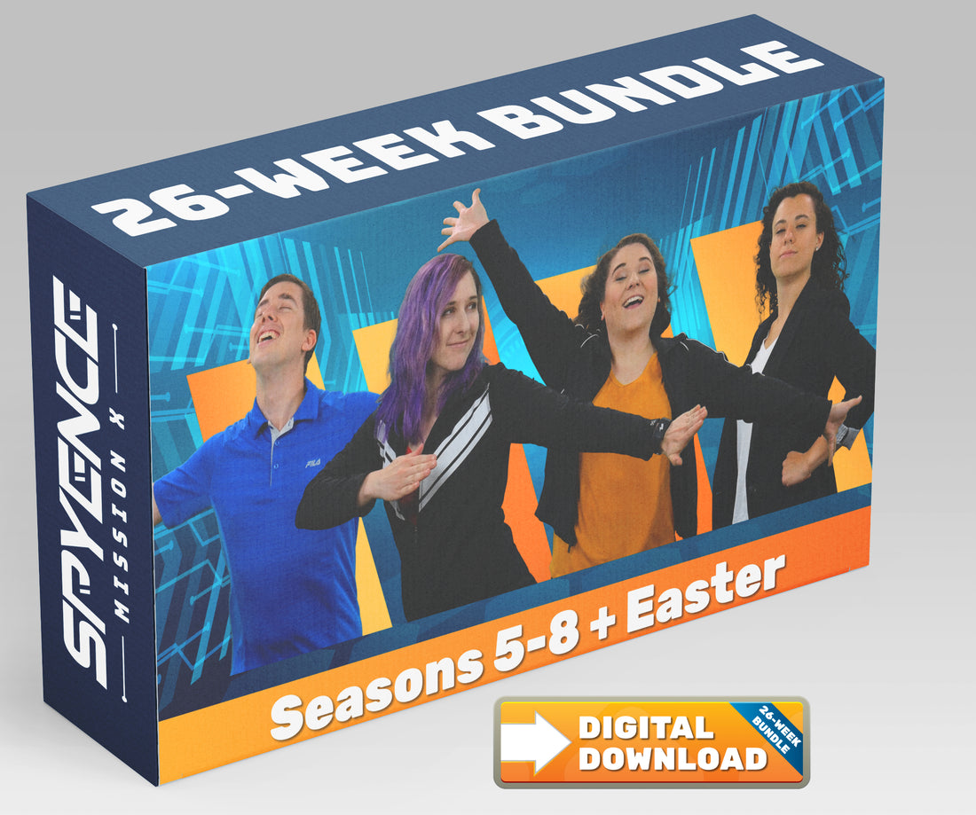 Spyence Seasons 5 through 8 bundle gospel-centered kids church and Sunday school curriculum covering Jesus, the Holy Spirit and our identity, Prayer and Worship, the Attributes of God, and Easter, with fun science experiments