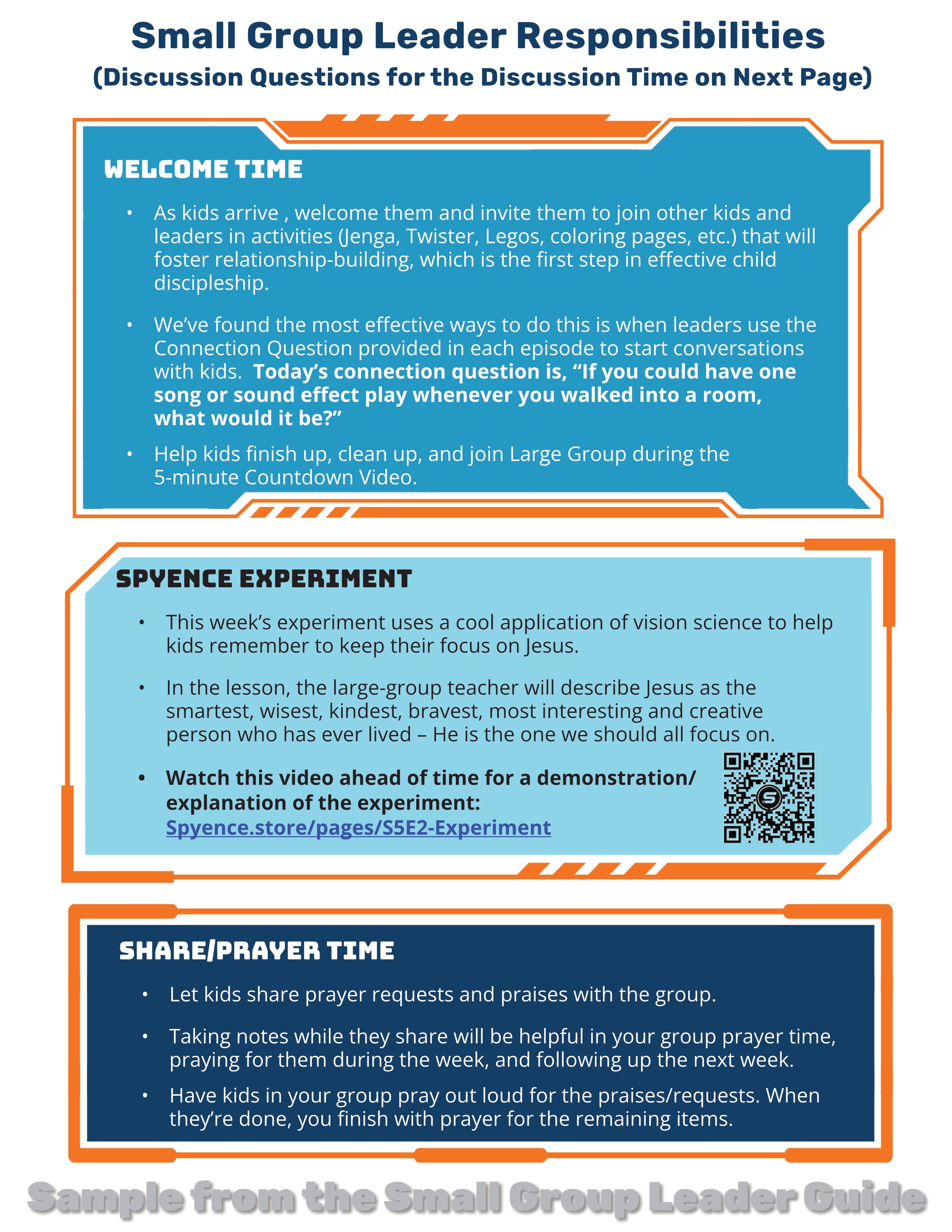 Page from Spyence leader guide teaching how to welcome kids, lead the experiment on keeping focus on Jesus, and close with share and prayer time
