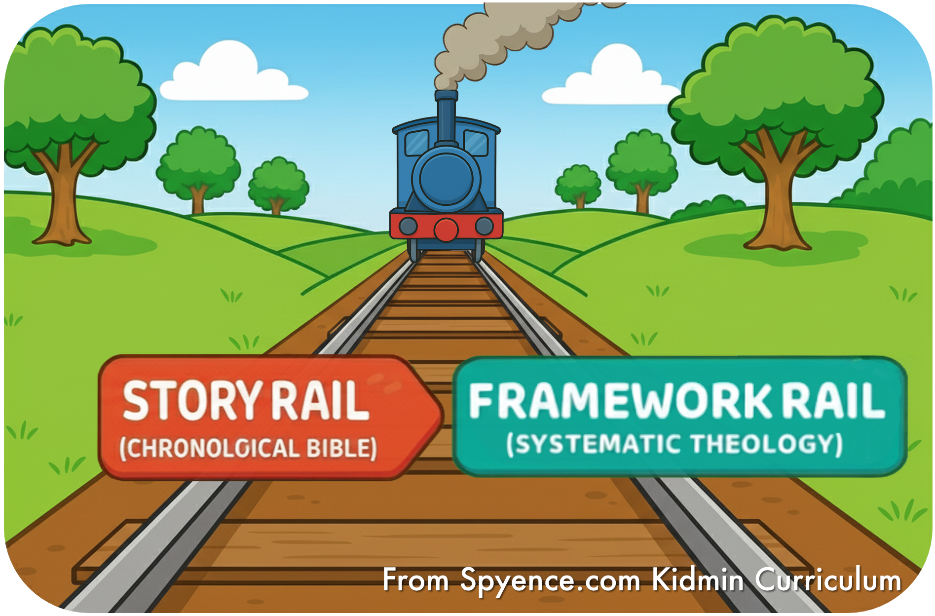 Systematic Theology for Kids blog graphic showing train on two rails: Story Rail (Chronological Bible) and Framework Rail (Systematic Theology).