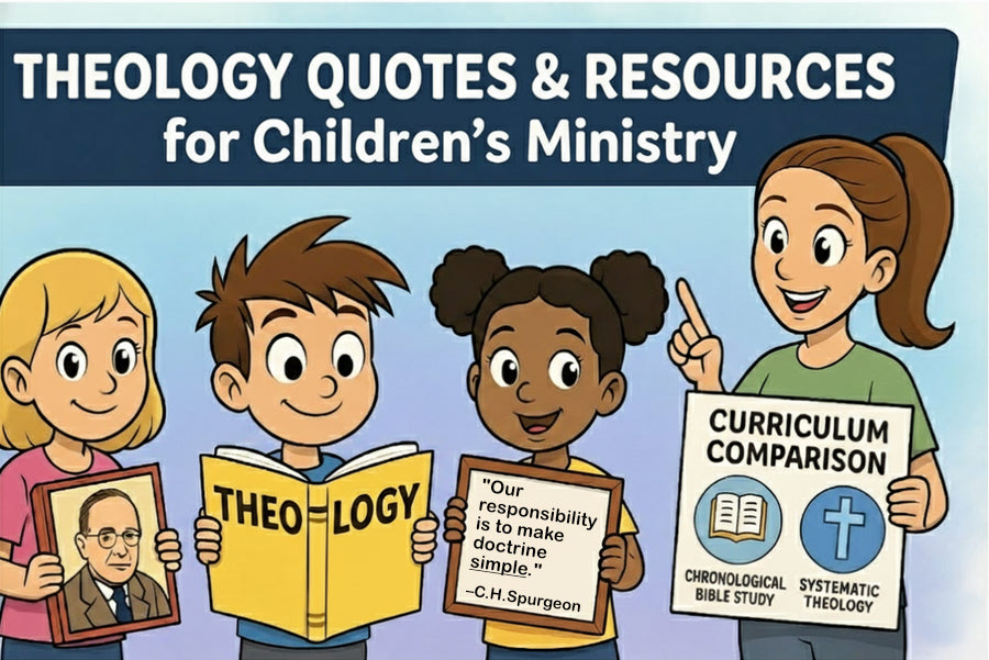 Spyence kids ministry header featuring cartoon kids and a teacher with theology books, quotes, and curriculum comparison visuals.